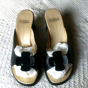 Charles Jourdan Black Leather and Rubber Sandals